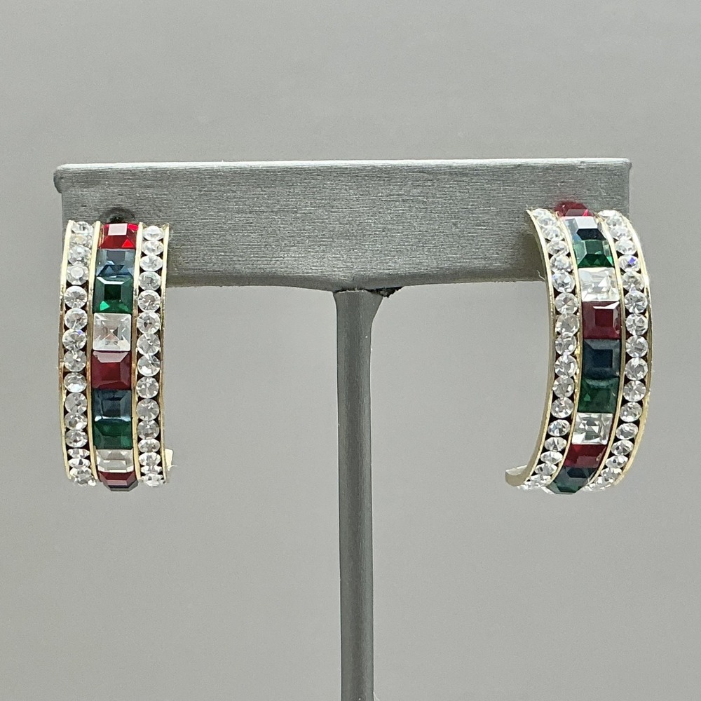 Earrings Womens Gold Tone Hoop Wide Multicolor Crystal Rhinestone 1.5" Statement